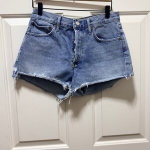 Agolde Light Blue Frayed Hem Jean Shorts
